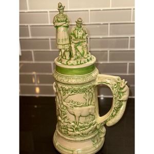 15” Large Green Glaze Beer Stein w/ Hunting Scene Figural Lid & Squirrel Handle